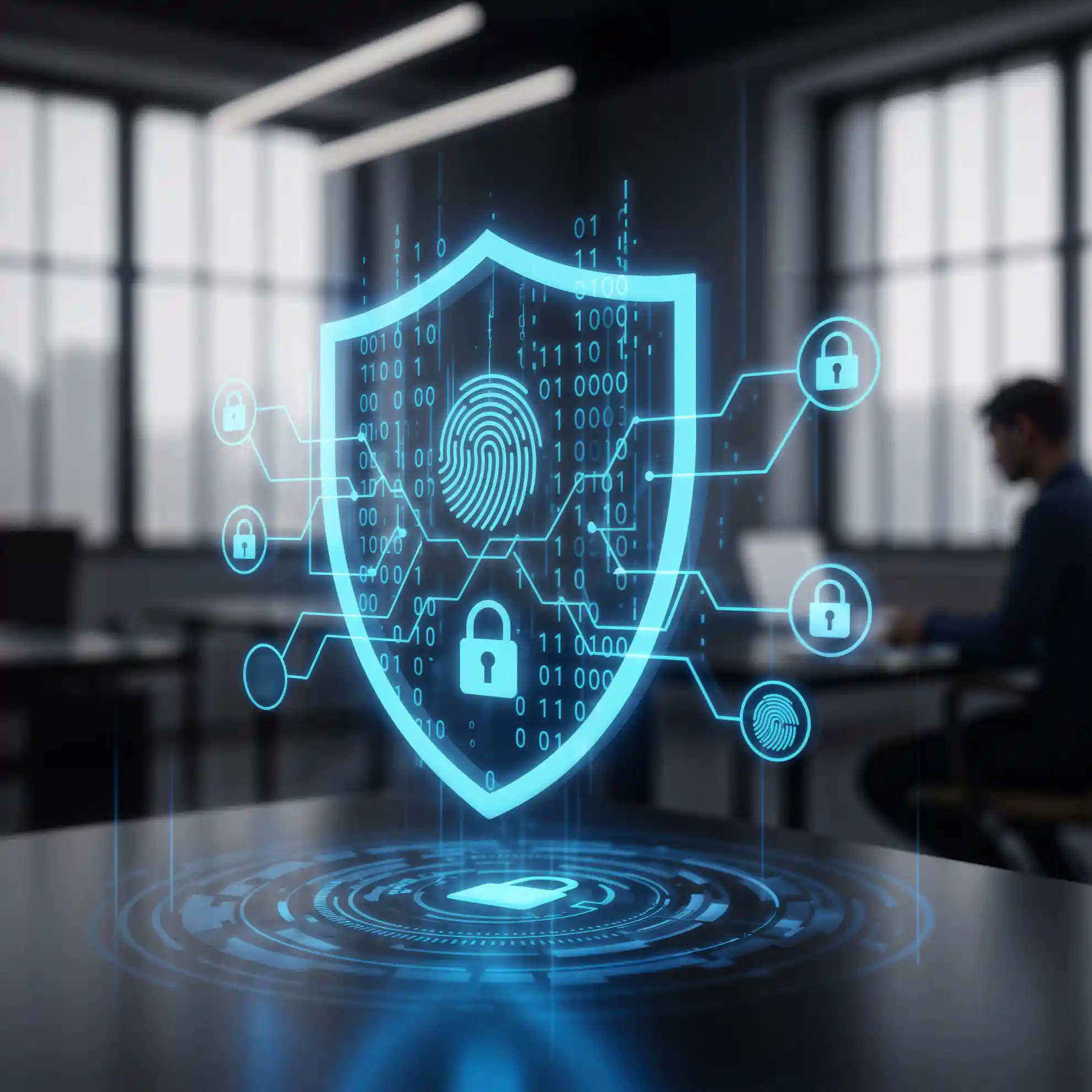 Illustration de cybersécurité avec un bouclier numérique, empreinte et cadenas, symbolisant la protection des données, la souveraineté numérique et le respect de la vie privée