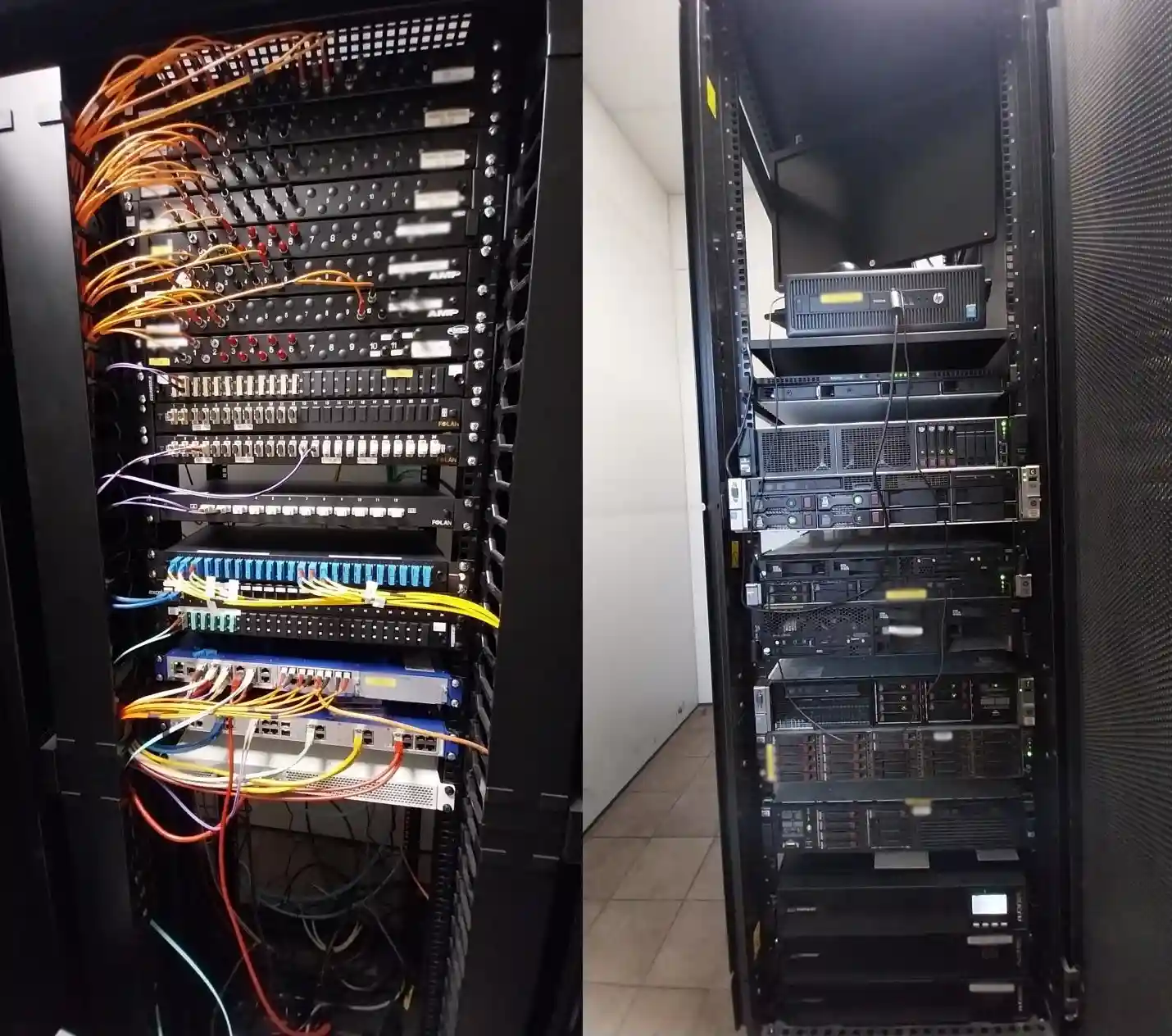 Infrastructure informatique avec câblage d'une baie serveur et d'une baie réseaux